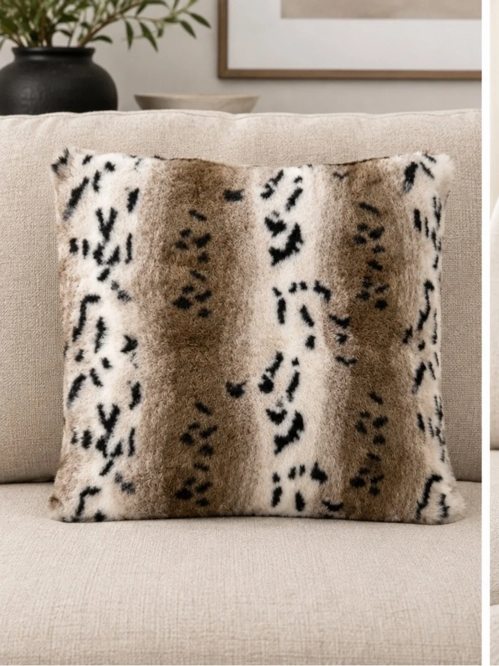 Plush Faux Fur Decorative Throw Pillow - Cream and Brown